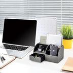 Vlando Desk Organizer with Drawer, Back to School Supplies - 5 Compartment Desktop Storage Holder with Organizer Section for Desk Accessories (Gray)