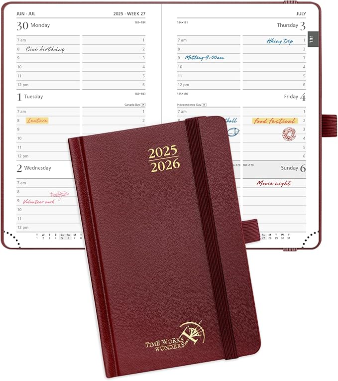 POPRUN Pocket Planner 2025-2026, (Purse Size 4''x 6.25'' Hard Cover) Academic Year Calendar Daily Weekly and Monthly (July 25-June 26) with Hourly Time Slots, 100 GSM Paper - Burgundy
