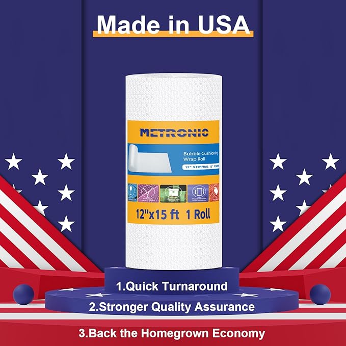 Metronic Bubble Cushioning Wrap 1 Pack 12 Inch x 15ft Total, Dense Bubble Packing Air Wrap Clear Bubble Packing Roll for Shipping and Moving Supplies