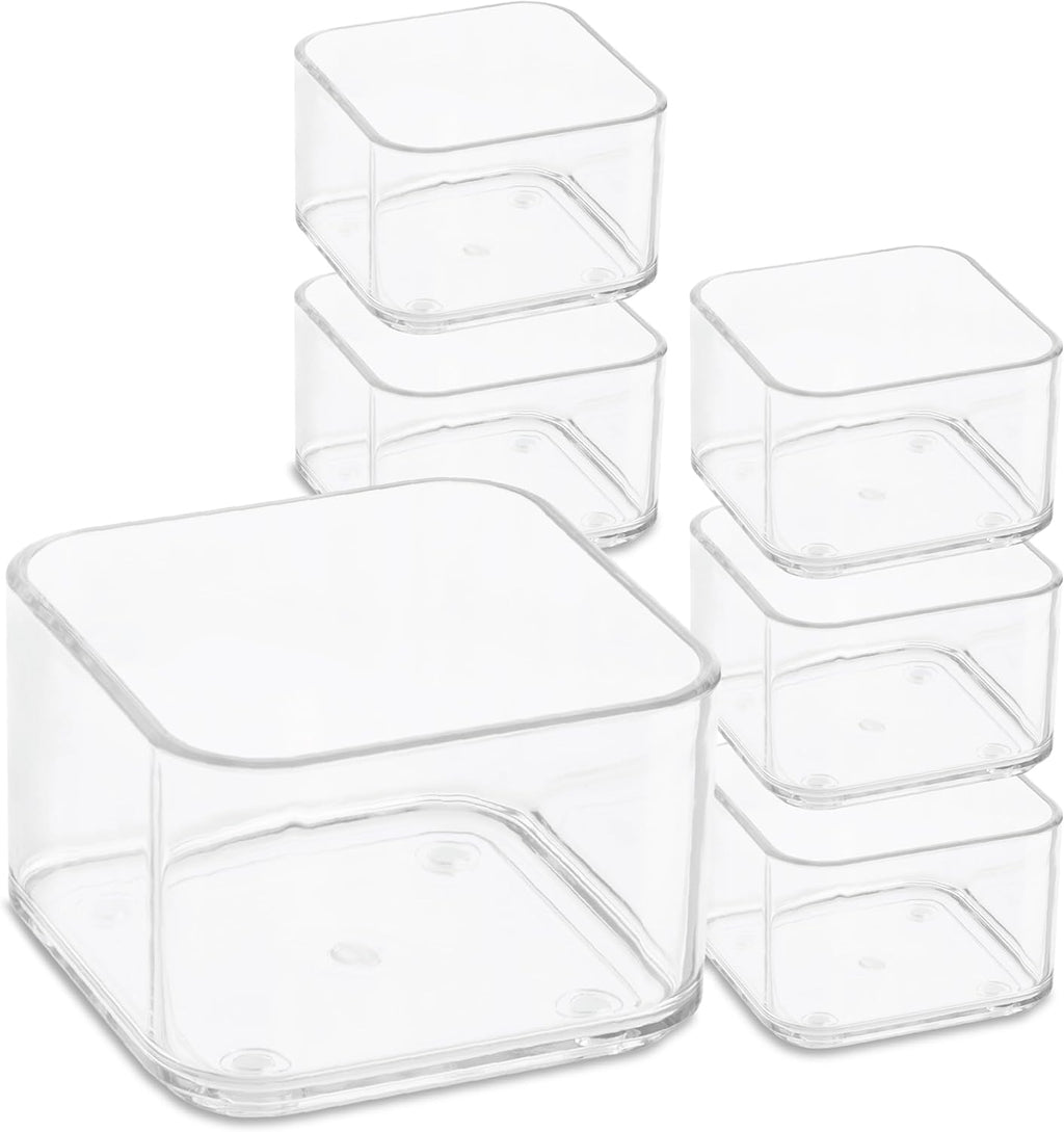 Plastic Clear Acrylic Drawer Organizers. Bathroom, Kitchen, Bedroom, Utensils, Office Organizer Bins, Storage Trays. Heavy Duty, Stackable. 3" x 3" x 2" Set of 6