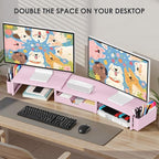 Pink Desk Organizers and Accessories for Women, Dual Computer Monitor Stand Riser with Drawer and 2 Pen Holders, Office Desk Accessories, Workspace Desktop Organization for Office Supplies