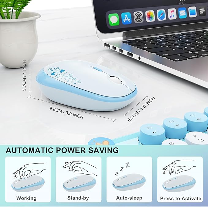 FOPETT Wireless Keyboard and Mouse Combo - 2.4G Full-Sized Cute Colorful Retro Keyboard with Round Keycaps 104 Keys Typewriter Keyboard for Laptop/Windows/PC-Blue Colorful