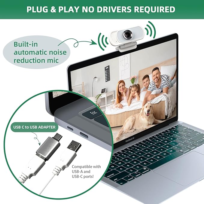 1080P Webcam with Mic, Pro Streaming Web Camera with Privacy Cover and Stand, Widescreen USB Computer Camera for PC Mac Laptop Desktop, Adapter Included