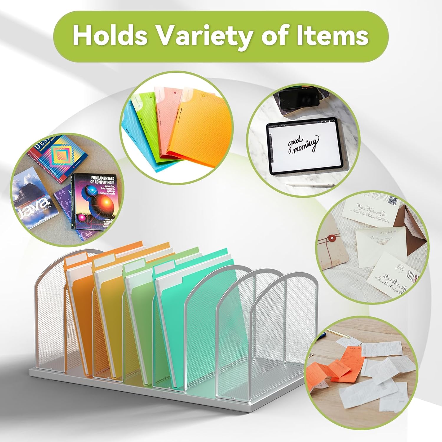 Desk File Organizer Vertical 7 Sections Mesh File Sorter Paper Storage Organizer for Desk, Office Organization File Holder Rack, Silver