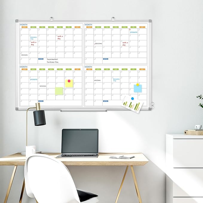 Dry Erase Calendar Whiteboard for Wall, 36" x 24" Magnetic Planner, Silver Aluminum Frame 4 Month Board for Office Home and School