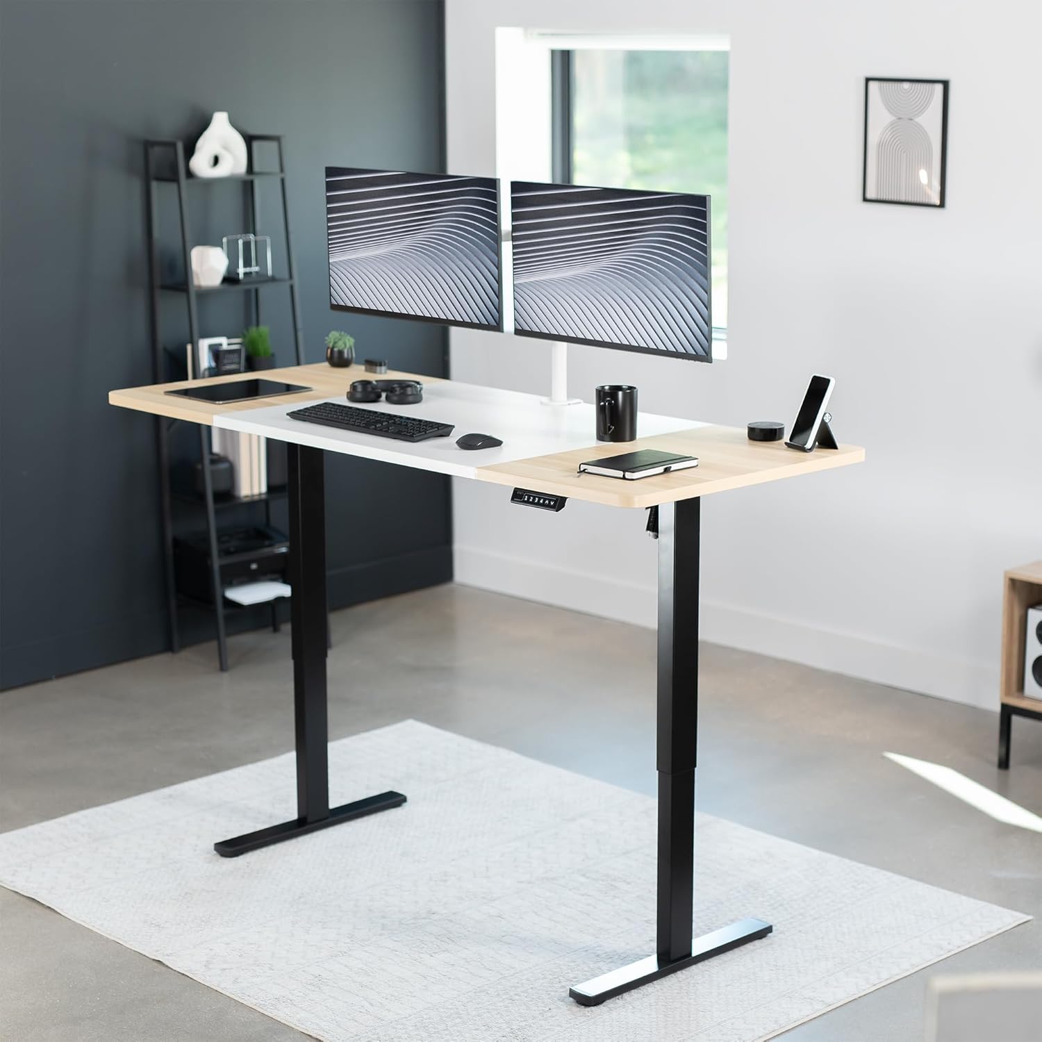 VIVO Electric 71 x 30 in Standing Desk, Memory Height Adjustment, 1B Series, White and Light Wood Top, Black Frame, DESK-KIT-1B7WC