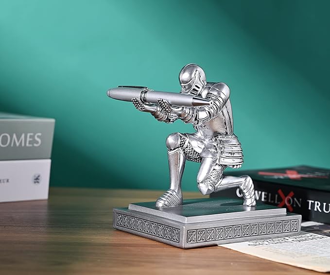 Knight Pen Holder Pen Stand Desk Organizers and Accessories Resin Pencil Holder as Gift with a Fancy Pen for Office and Home Desk Organizer (Silver)
