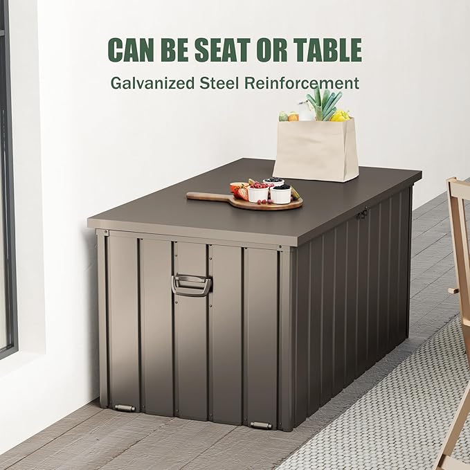 Domi Deck Box 150 Gallon, Waterproof Lockable Steel Outdoor Storage Container for Outside Cushions, Garden Tools and Pools Equipment, Brown