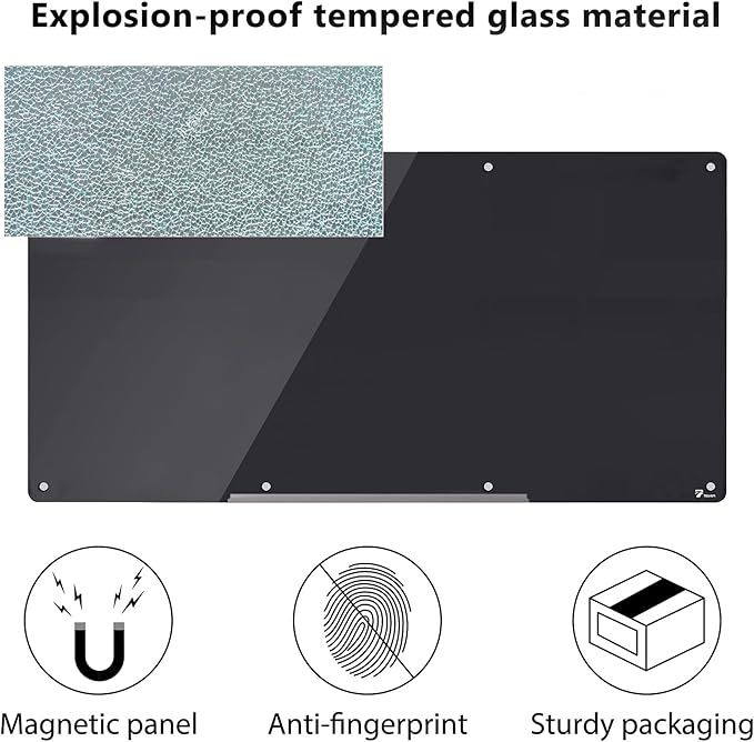 TOWON 8 x 4ft Glass Whiteboard Wall, Black Magnetic White Board Dry Erase 96 x 48 in, Big Glass Dry Erase Board with Multi-Color Markers, Strong Magnets, Pen Tray and Eraser, Frameless