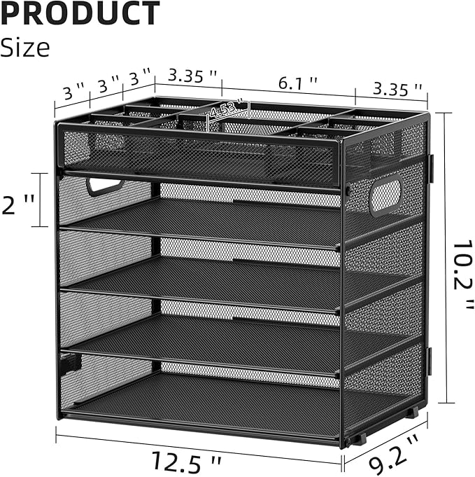 Marbrasse 5-Tier Letter Tray Paper Organizer with Handle, Multi-Functional Mesh File Organizer for Desk, Adjustable Compartments Mesh Desktop Storage for Office Supplies,Black