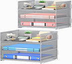 Subekyu 2-Pack 3-Tier Silver Metal Mesh Desk Paper Letter Tray & File Sorter Organizer with Handle + 1 Sliding Tray for Desk, Home, Office, School Supplies, A4 Paper and Accessories Storage