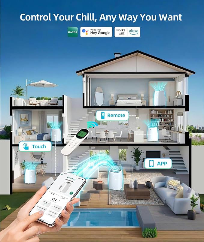 ZAFRO 10000 BTU Portable Air Conditioners (6000 BTU SACC), AC Unit for Bedroom with Drainage-free Cooling, Fan & Dehumidifier, 47dB Quiet, 24H Timer, APP Control/Remote/LED Display
