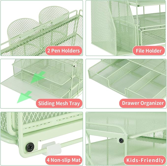 Desk Organizer and Accessories, 4-Tier Desktop File Organizer with Drawer and 2 Pen Holders, Office Desk Accessories for Office Supplies(Green)