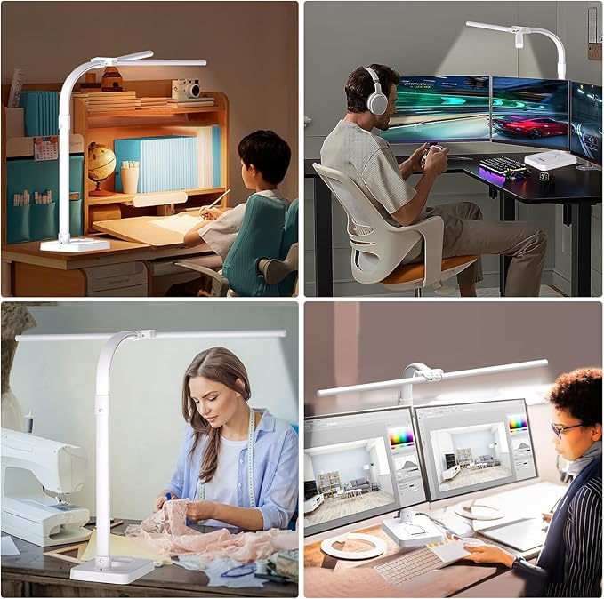Led Desk Lamp for Home Office,24W Bright Eye-Caring Desk Light with Base,5 Brightness and 5 temperatures Dimmable Workbench Task Light, Adjustable Gooseneck Table Lamp for Monitor(White)