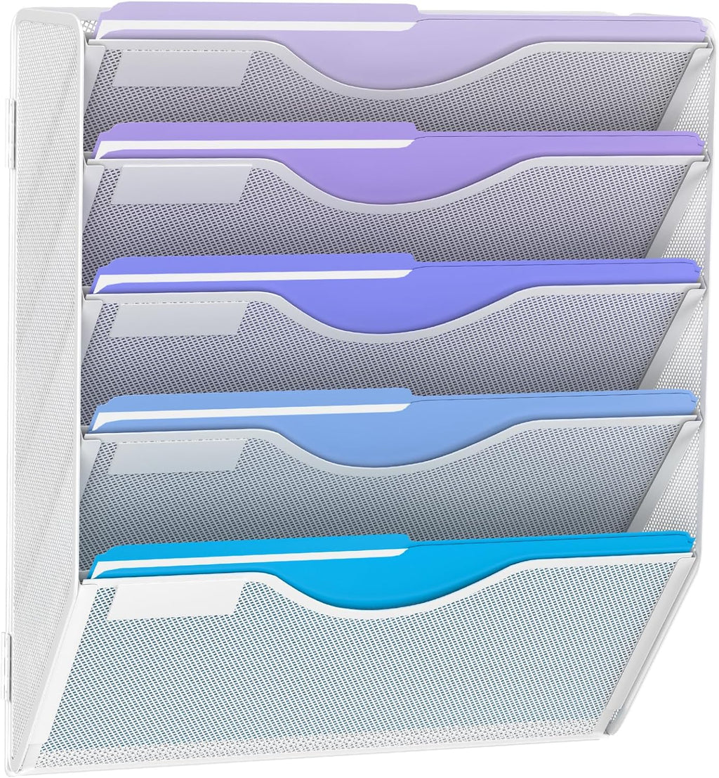 5 Tier Hanging Wall File Organizer, Mesh Mail Paper Orgnization Hanging File Folder Holder for Home Office, White