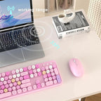 Colorful Wireless Computer Keyboard and Mouse Combo with Round Typewriter Keycaps, Retro Design, Power Switch, Ergonomic Design, 2.4GHz Wireless for Windows, Mac, PC(Pink-Colorful)