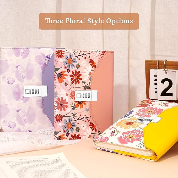 CAGIE Floral Diary with Lock for Women, Teen Girls Journal with Lock, Hardcover Refillable Women Journal with Pen, 6.3 x 8.5 Inch