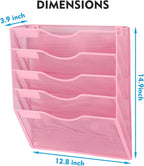 EASEPRES Magnetic 5 Pocket Mesh Hanging File Organizer, Wall Mounted Mail Paper Document Folder Holder, Clipboard Storage Organization Magazine Rack with Nametag Label for Office Home School, Pink