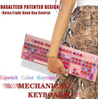 Basaltech Pink Keyboard Typewriter Style with White LED Backlight,Vintage Mechanical Gaming Keyboards with Lipstick Round Keycaps, Blue Switches 104-Keys Wired Keyboard Metal Panel for Laptop/pc