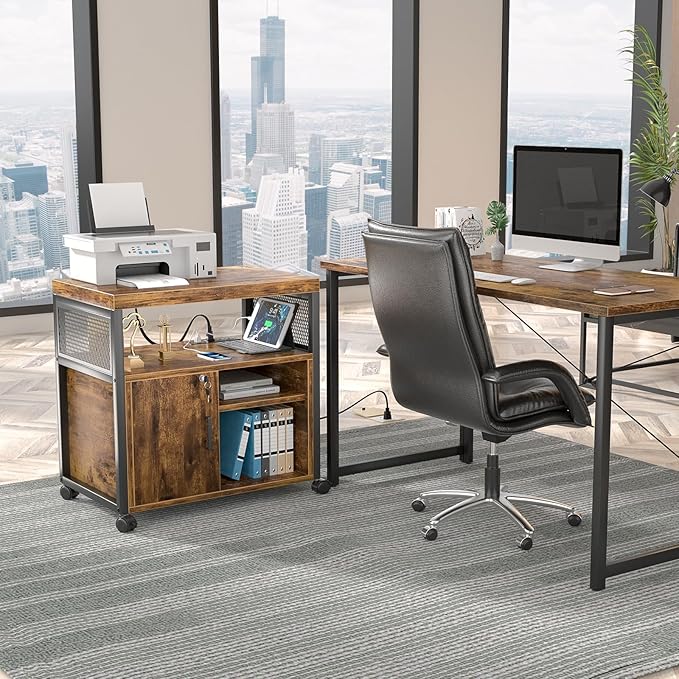 Unikito Lateral File Cabinet, Locking Office Filing Cabinets with Socket and USB Charging Port, Modern Rolling Printer Stand with Storage for A4, Letter Size and File Folders, Rustic Brown