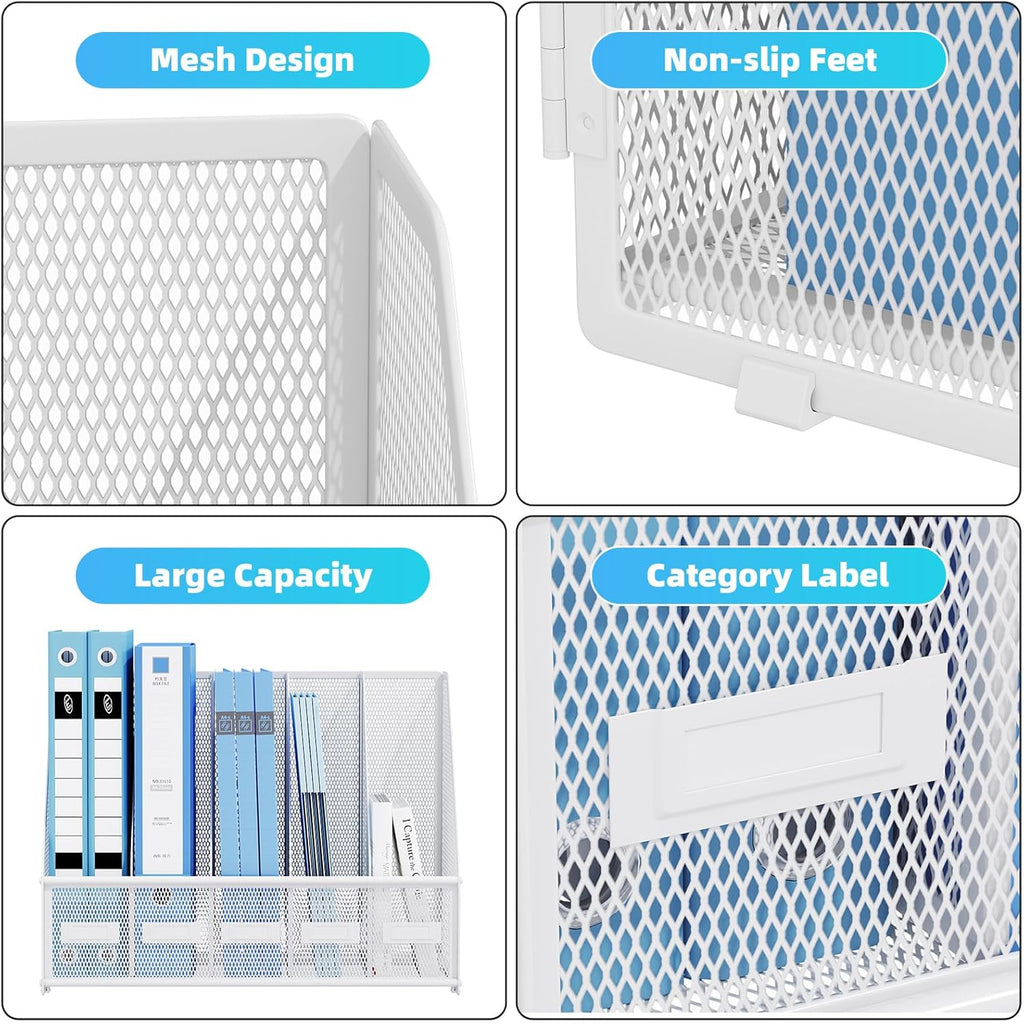 Marbrasse File Organizer for Desk,Desk File Organizer with 5 Vertical Compartments Mesh Magazine File Holder for Office Home School