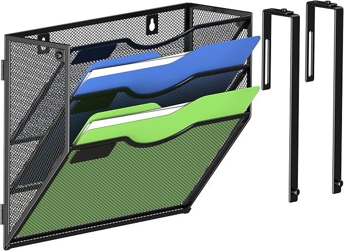 Kuntine.B Wall File Organizer Office Hanging Magazine Holder Wall File Organizer for Office Home (Black, 3 Tier & Hangers)