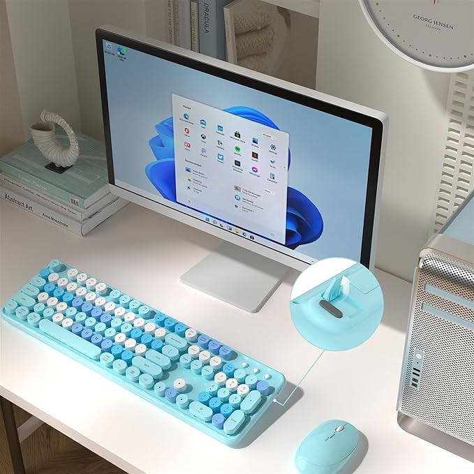 Colorful Wireless Computer Keyboard and Mouse Combo with Round Typewriter Keycaps, Retro Design, Power Switch, Ergonomic Design, 2.4GHz Wireless for Windows, Mac, PC (Blue-Colorful)
