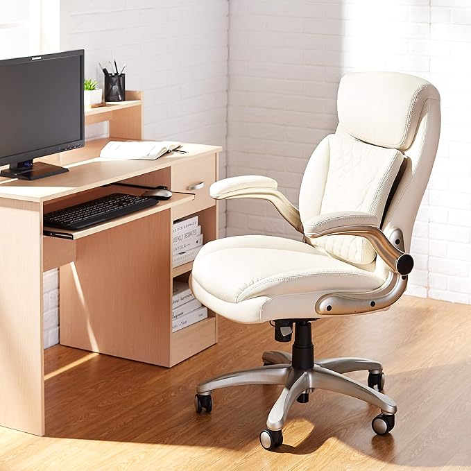 Amazon Basics Ergonomic Executive Office Desk Chair with Lumbar Support, Flip-up Armrests, Adjustable Height, Cream Leather