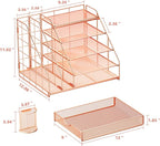 Marbrasse Desk Organizer with File Holder, 5-Tier Desk Organizers and Accessories with Drawer and 2 Pen Holder, Mesh Paper Letter Tray, Desktop Organizer and Storage for Office Supplies (Rose Gold)
