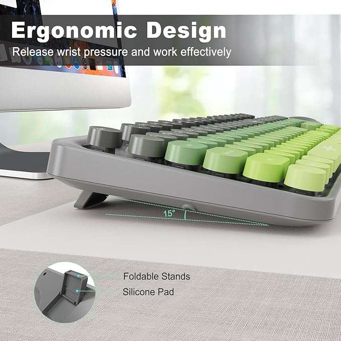 Wireless Keyboard and Mouse Combo, 104 Round Keys Cute Colorful Keyboard and Mouse with Retro Typewriter for PC/Mac/Laptop/Tablet/Computer/Windows Gray Green