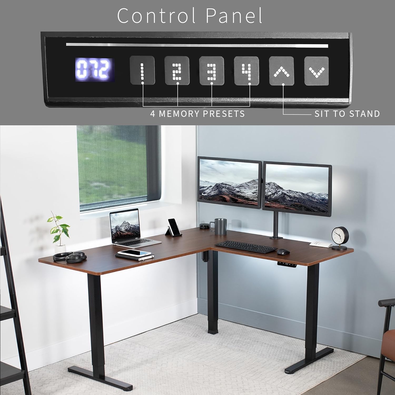 VIVO Electric Corner L-Shaped 63 x 55 in Standing Desk, Memory Height Adjustment, Dark Walnut Top Black Frame, DESK-E3CTD