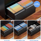 Metal 3 Drawer Lateral File Cabinet with 3 Lock - Wide Filing Cabinet for Letter/Legal/F4/A4 Hanging Files - Includes Business Card Holder,Home Office School Storage,Black