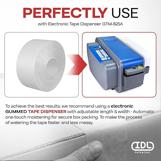 IDL Packaging 3" x 375 feet Reinforced Water-Activated Kraft Gummed Tape 70lb Thickness - Secure Paper Packing Tape for Secure Carton Sealing - Heavy-Duty for All Conditions, White