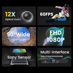 12X Optical Zoom Conference Room Camera USB3.0 HDMI PTZ Camera 1080P 60FPS Wide-Angle for Video Conference Church Live Streaming Meeting Education Works with Zoom Webex OBS YouTube