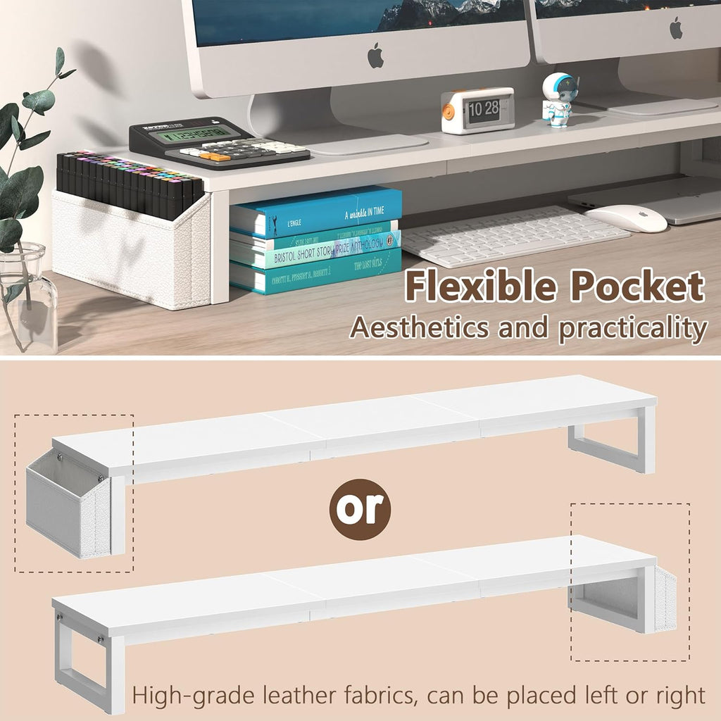 LAND·VOI Dual Monitor Stand Riser,41.5'' Long Monitor Stand for 2 Monitors, Wood and Steel Computer Monitor Stand, Desktop Oraganizer with Pen Holder, Monitor Riser for Desk Computer,Laptop,TV, White