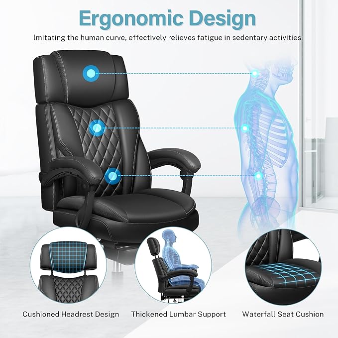 Executive Leather Office Chair, Big and Tall Office Chair with Footrest Home Office Desk Chairs, Ergonomic Computer Desk Chair with Lumbar Support, Reclining Desk Chair with Adjustable Angle