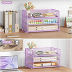 Subekyu 3 Tier Letter Tray Paper Organizer with Handle and 1 PC Sliding Tray, Purple Metal Mesh Desk File Folder Paper Sorter Organizer for Home Office School Desk Supplies Organization Storage