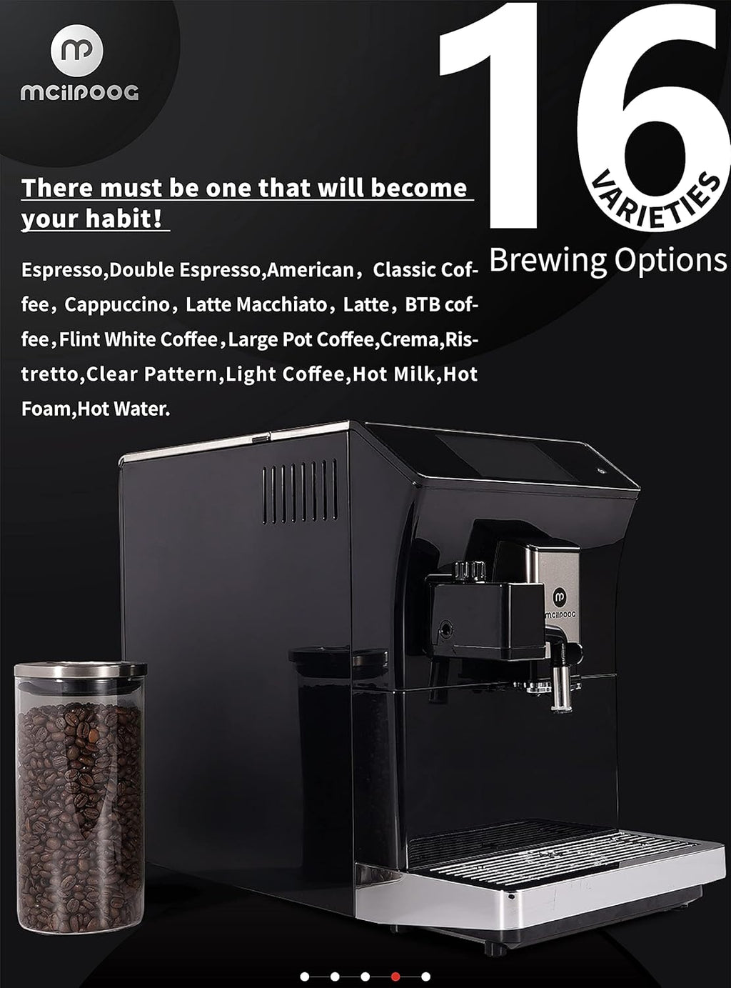 Mcilpoog ws-203 fully Automatic Espresso Coffee Machine, 1300W, 16 Drink Types, 19 Bar Pump, 1.7L Water Tank