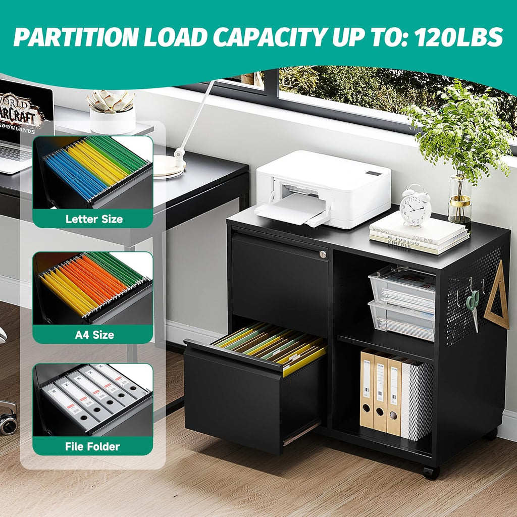 SISESOL 2 Drawer File Cabinet with Lock and Shelf,Mobile Lateral Filing Cabinet,Metal Filing Cabinets with Open Storage Shelves Organizer for Home Office Fit Legal/Letter A4 Size (Black)