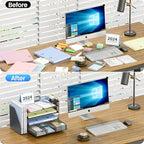 Desk Organizer and Accessories, 4-Tier Desktop File Organizer with Drawer and 2 Pen Holders, Office Desk Accessories for Office Supplies(Black)