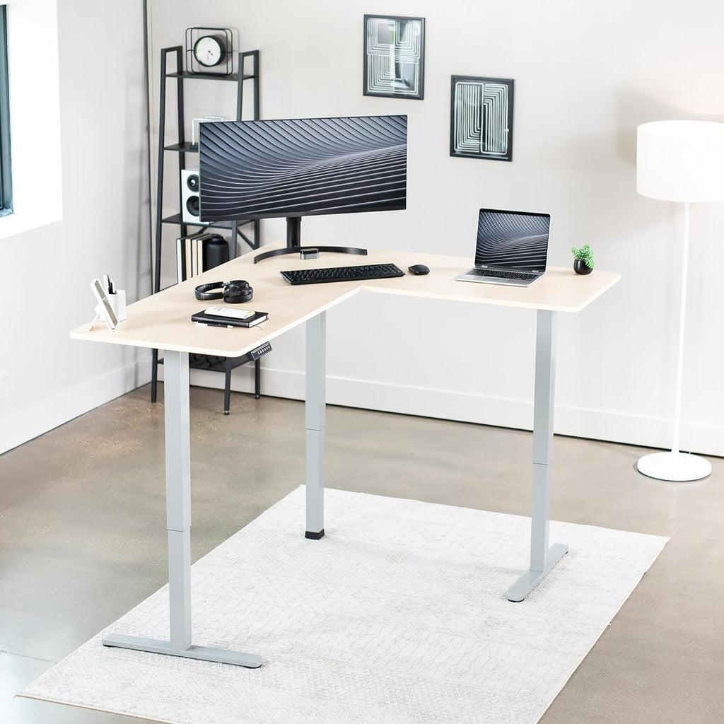 VIVO Electric Corner L-Shaped 63 x 55 in Standing Desk, Memory Height Adjustment, Light Wood Top Gray Frame, DESK-E3CTGC