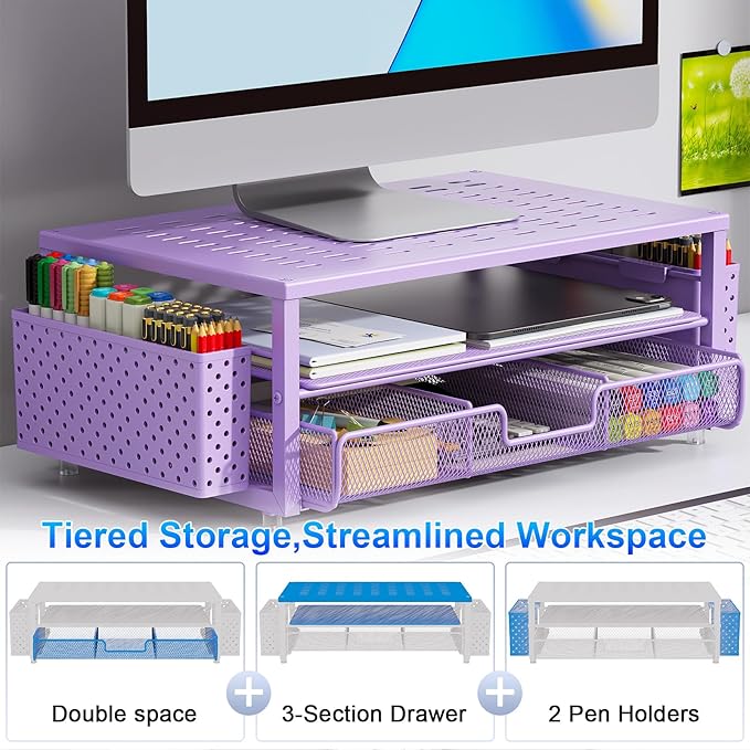 gianotter Desk Organizers and Accessories, Monitor Stand with Drawer and 2 Pen Holder, Purple Desk Accessories, Computer Stand Suitable for Offices and Dormitories (Purple)
