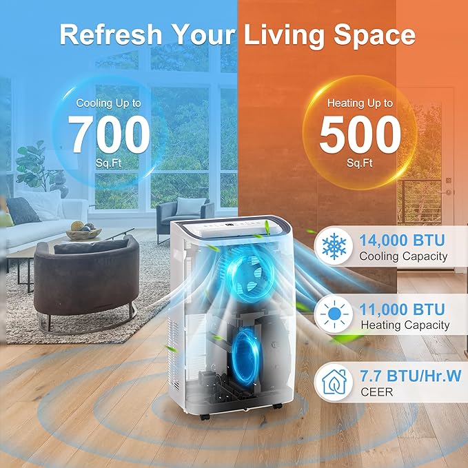 14,000 BTU Portable Air Conditioners for 700 Sq.Ft, 4-in-1 Room Air Conditioner with Cooling, Heating, Dehumidifier, Fan, Remote, Sleep Mode, Auto Swing, 24H Timer, Self-Evaporating Portable AC Unit