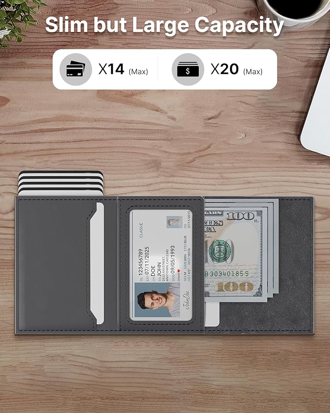 typecase Mens Wallet Card Holder: Pop Up Aluminum Case, Premium Genuine Leather, Smart, RFID Blocking, Slim, Minimalist, Front Pocket - 9-14 Card Capacity | ID Window | Cash Slot - Deep Grey