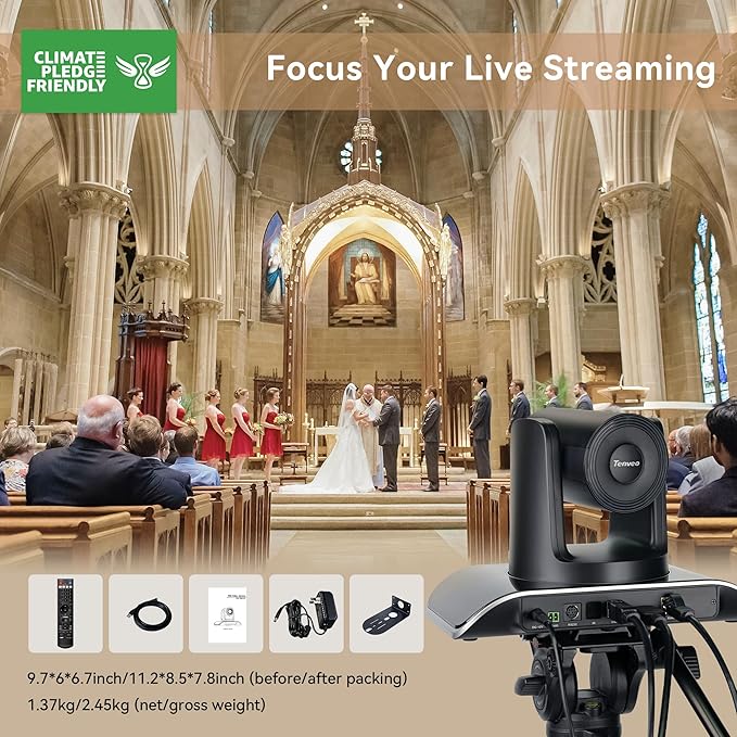 Tenveo HDMI/LAN/USB3.0 PoE PTZ Camera 20X Optical Zoom PTZ Camera IP Live Streaming, FHD 1080P 60FPS, for Church Services Worship Video Conference Live Streaming Online Meeting, 2025 Version