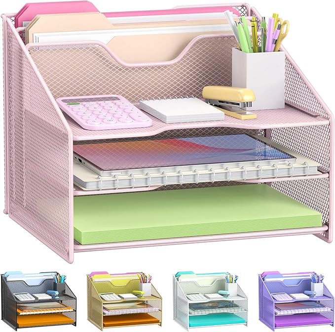 samstar Pink Desk File Organizer, Mesh Letter File Folder Holder with 3 Paper Trays and 2 Vertical Upright Section, for Office Supplies, Desk Accessories & Workspace, Pink