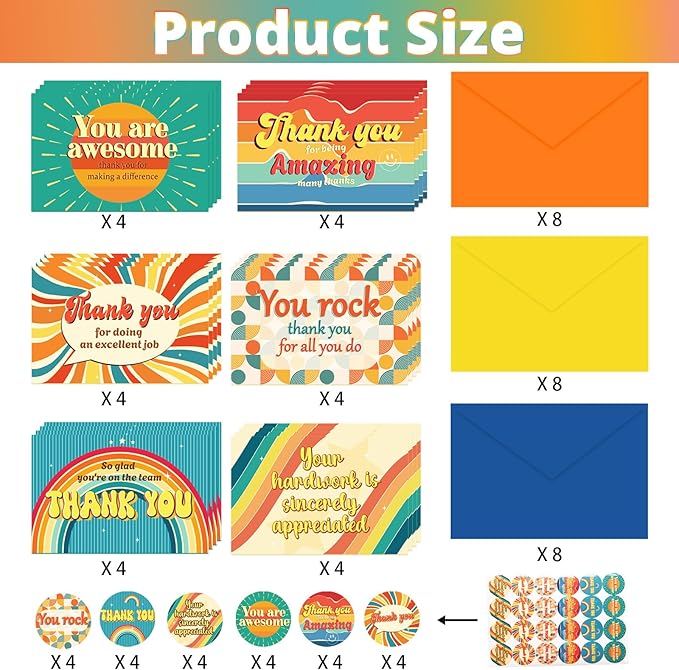 24 Pack Employee Appreciation Gifts Employee Thank you Cards with Envelopes & Stickers 4" x 6" Thank You Business Cards Staff Appreciation Gifts for Team Coworkers Employee Work Anniversary, 6 Designs