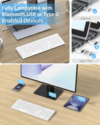 FENIFOX Wireless Keyboard, Bluetooth + USB Ergonomic Silent Quiet Rechargeable with Number Pad Compact Full Size Multi Device Keyboards for iPad Tablet Mac Computer Surface PC MacBook Laptop White