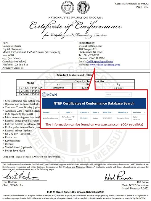 VisionTechShop TVP-60B Price Computing Scale, Lb/Oz/Kg Switchable, 60lb Capacity, 0.01lb Readability, NTEP Legal for Trade COC #19-038, NSF Certified