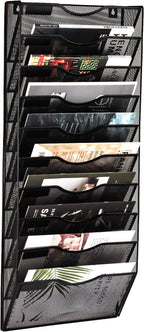 EASEPRES 10 Pocket Mesh Hanging Wall File Organizer, Wall Mounted Mail Paper Document Folder Holder, Clipboard Storage Organization Magazine Rack with Nametag Label for Office Home School, Black